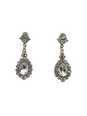 Vintage Style Silver Tone Crystal Teardrop Dangle Earrings Rhinestone 2 In